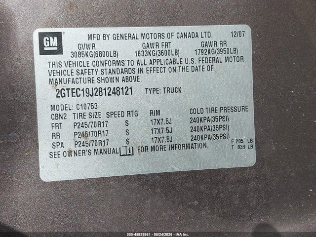 Продаж на аукціоні авто 2008 Gmc Sierra 1500 Slt, vin: 2GTEC19J281248121, номер лоту: 45929961