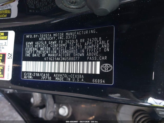 4T1G31AK3NU588077 Toyota Camry Se Hybrid