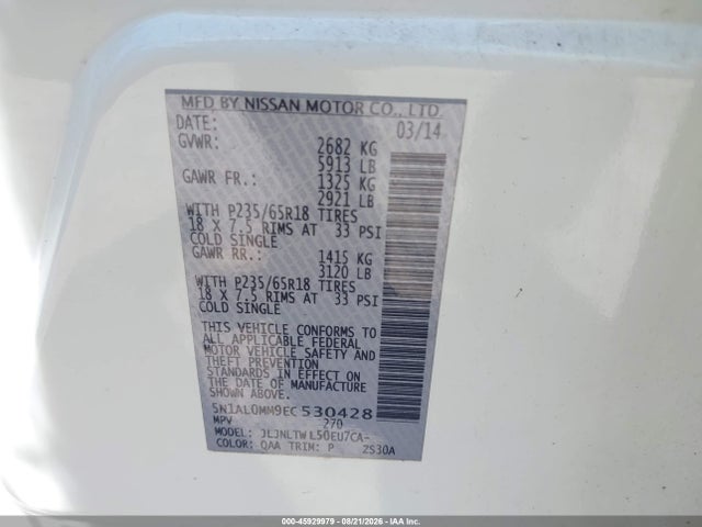 2014 Infiniti Qx60 მანქანა იყიდება აუქციონზე, vin: 5N1AL0MM9EC530428, აუქციონის ნომერი: 45929979