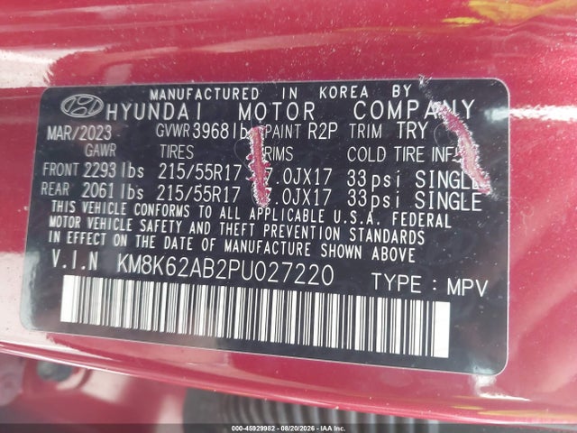 45929982 :رقم المزاد ، KM8K62AB2PU027220 vin ، 2023 Hyundai Kona Sel مزاد بيع