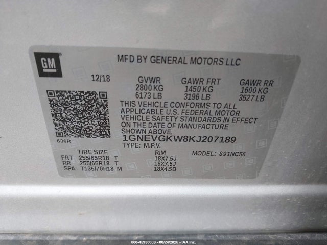 Продажа на аукционе авто 2019 Chevrolet Traverse 1lt, vin: 1GNEVGKW8KJ207189, номер лота: 45930000