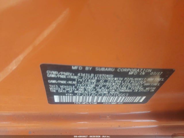 45930027 :رقم المزاد ، JF2GTACC3JH210663 vin ، 2018 Subaru Crosstrek 2.0i Premium مزاد بيع