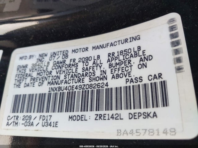 Продаж на аукціоні авто 2009 Toyota Corolla S, vin: 1NXBU40E49Z082624, номер лоту: 45930036