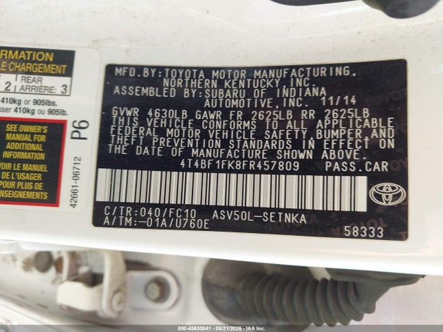 2015 Toyota Camry Le მანქანა იყიდება აუქციონზე, vin: 4T4BF1FK8FR457809, აუქციონის ნომერი: 45930041