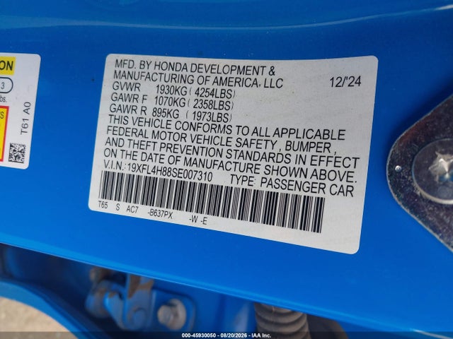 2025 Honda Civic Hybrid Sport მანქანა იყიდება აუქციონზე, vin: 19XFL4H88SE007310, აუქციონის ნომერი: 45930050
