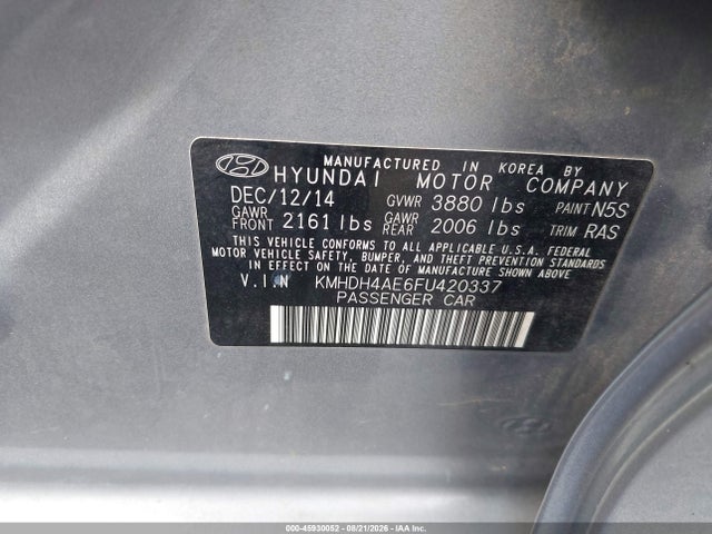 Aukcja sprzedaży 2015 Hyundai Elantra Se, vin: KMHDH4AE6FU420337, numer aukcji: 45930052