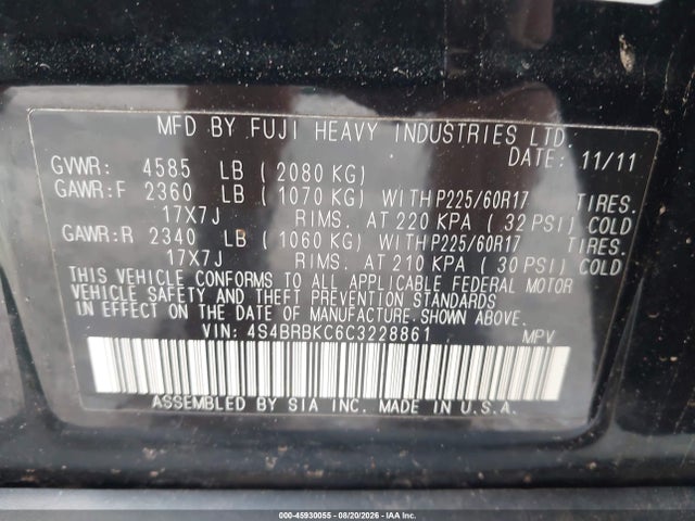 Aukcja sprzedaży 2012 Subaru Outback 2.5i Limited, vin: 4S4BRBKC6C3228861, numer aukcji: 45930055