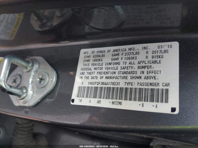 Продаж на аукціоні авто 2010 Honda Accord 2.4 Lx, vin: 1HGCP2F38AA179231, номер лоту: 45930063