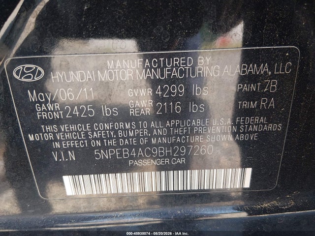 45930074 :رقم المزاد ، 5NPEB4AC9BH297260 vin ، 2011 Hyundai Sonata Gls مزاد بيع