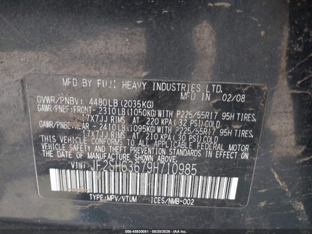 45930081 :رقم المزاد ، JF2SH63679H710985 vin ، 2009 Subaru Forester 2.5x مزاد بيع