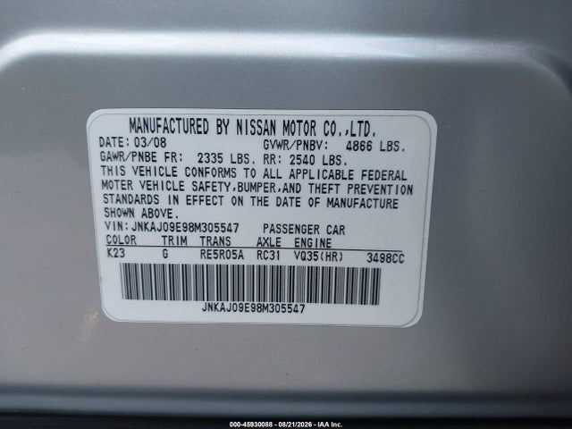 Aukcja sprzedaży 2008 Infiniti Ex35 Journey, vin: JNKAJ09E98M305547, numer aukcji: 45930088