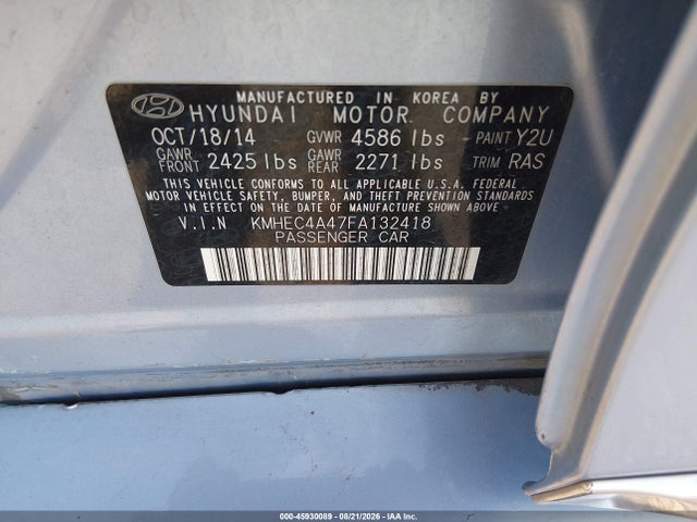 2015 Hyundai Sonata Hybrid Limited მანქანა იყიდება აუქციონზე, vin: KMHEC4A47FA132418, აუქციონის ნომერი: 45930089