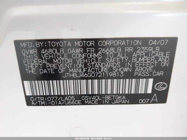 Aukcja sprzedaży 2007 Lexus Es 350, vin: JTHBJ46G072119813, numer aukcji: 45930106