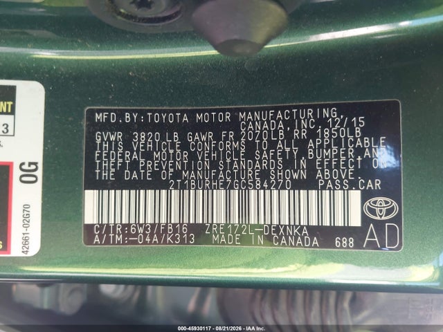 2016 Toyota Corolla Le Plus მანქანა იყიდება აუქციონზე, vin: 2T1BURHE7GC584270, აუქციონის ნომერი: 45930117