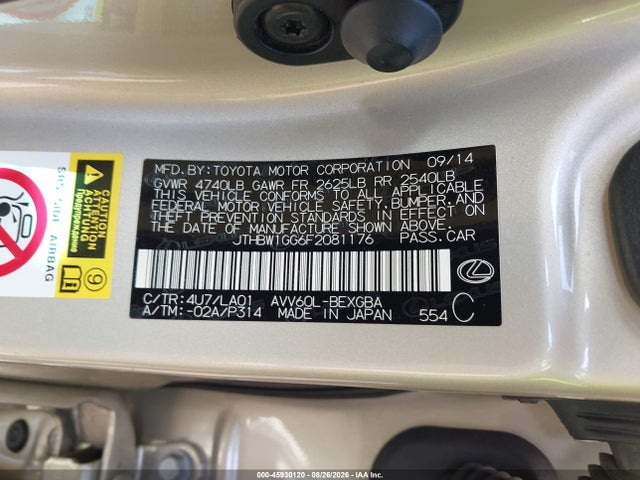 45930120 :رقم المزاد ، JTHBW1GG6F2081176 vin ، 2015 Lexus Es 300h مزاد بيع