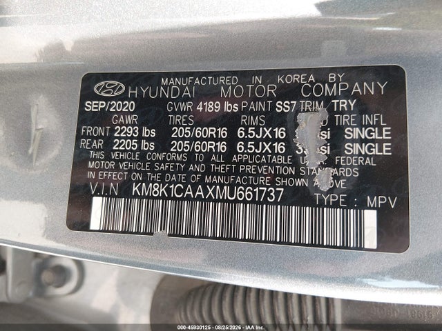 2021 Hyundai Kona Se მანქანა იყიდება აუქციონზე, vin: KM8K1CAAXMU661737, აუქციონის ნომერი: 45930125