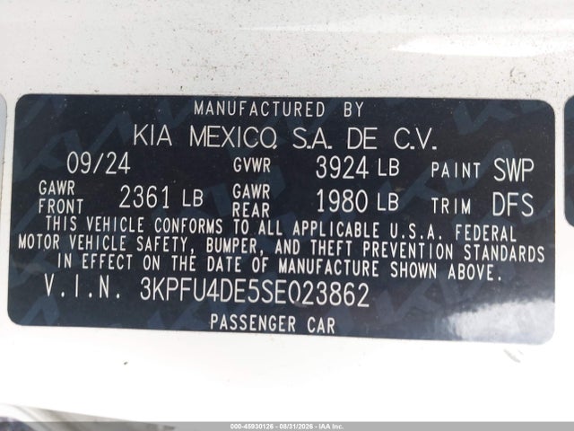 Aukcja sprzedaży 2025 Kia K4 Ex, vin: 3KPFU4DE5SE023862, numer aukcji: 45930126