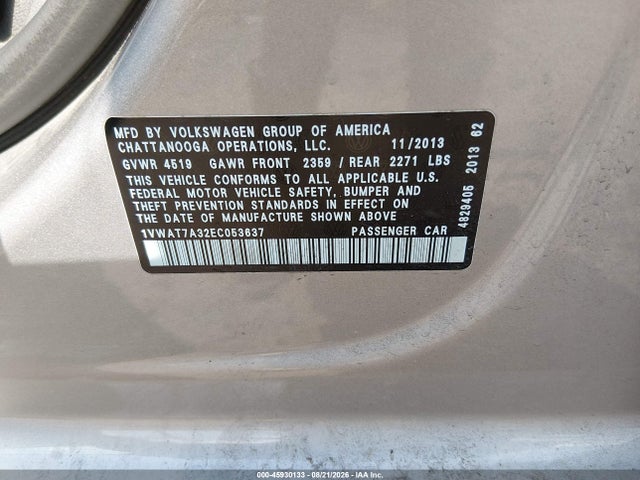 Aukcja sprzedaży 2014 Volkswagen Passat 1.8t Wolfsburg Edition, vin: 1VWAT7A32EC053637, numer aukcji: 45930133