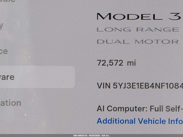 45930134 :رقم المزاد ، 5YJ3E1EB4NF108483 vin ، 2022 Tesla Model 3 مزاد بيع