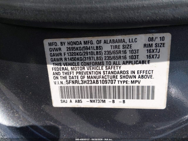 45930137 :رقم المزاد ، 5FNRL3H23AB109707 vin ، 2010 Honda Odyssey Lx مزاد بيع