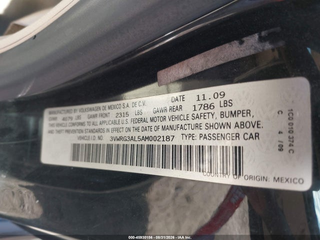 Aukcja sprzedaży 2010 Volkswagen New Beetle 2.5l/2.5l Final Edition, vin: 3VWRG3AL5AM002187, numer aukcji: 45930156