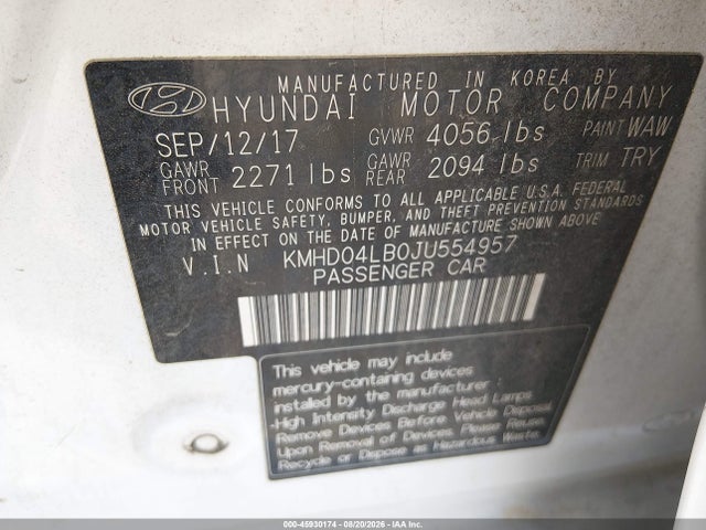 45930174 :رقم المزاد ، KMHD04LB0JU554957 vin ، 2018 Hyundai Elantra Sport مزاد بيع