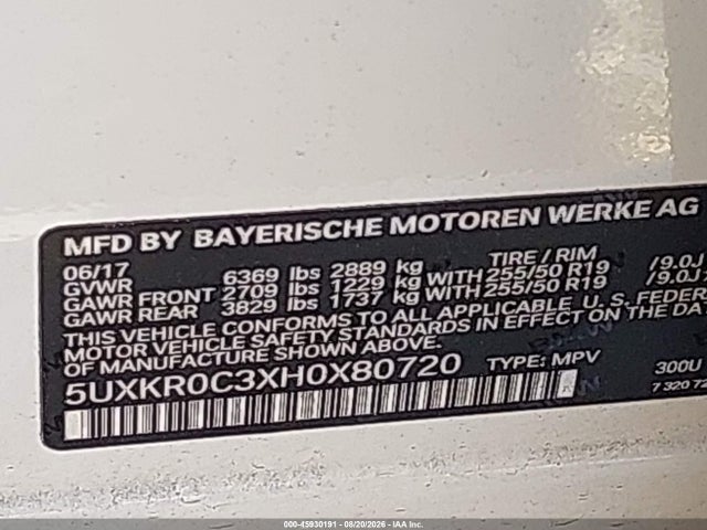 Aukcja sprzedaży 2017 Bmw X5 Xdrive35i, vin: 5UXKR0C3XH0X80720, numer aukcji: 45930191