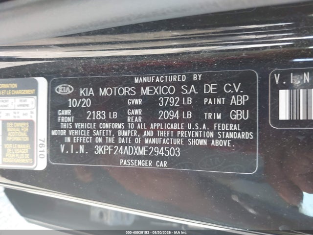 Продаж на аукціоні авто 2021 Kia Forte Lxs, vin: 3KPF24ADXME294503, номер лоту: 45930193