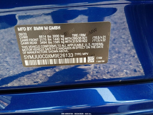 2021 Bmw X5 M მანქანა იყიდება აუქციონზე, vin: 5YMJU0C0XM9E26133, აუქციონის ნომერი: 45930194