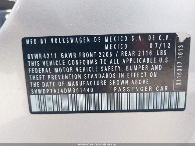 Aukcja sprzedaży 2013 Volkswagen Jetta 2.5l Se, vin: 3VWDP7AJ4DM361440, numer aukcji: 45930203