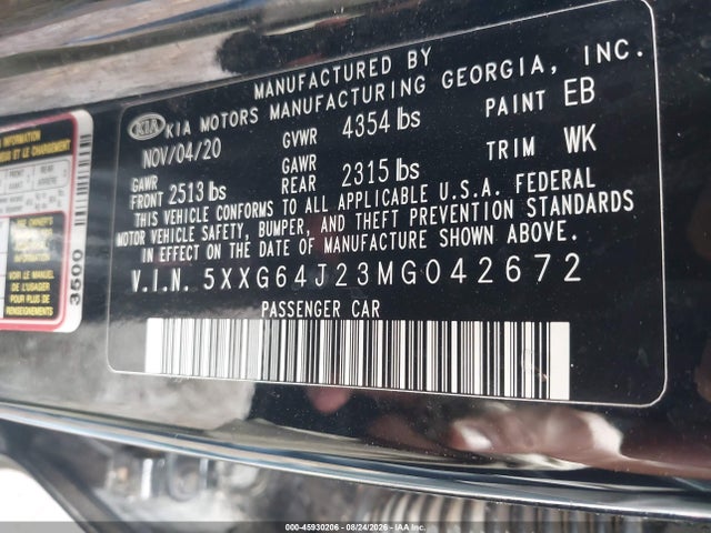 Aukcja sprzedaży 2021 Kia K5 Gt-line, vin: 5XXG64J23MG042672, numer aukcji: 45930206