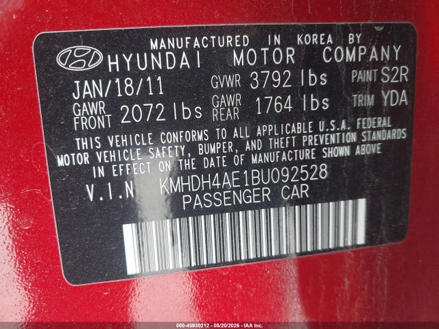 Aukcja sprzedaży 2011 Hyundai Elantra Limited (ulsan Plant), vin: KMHDH4AE1BU092528, numer aukcji: 45930212