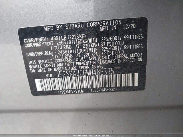Aukcja sprzedaży 2021 Subaru Forester Premium, vin: JF2SKAJC6MH485335, numer aukcji: 45930215