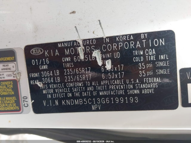 45930232 :رقم المزاد ، KNDMB5C13G6199193 vin ، 2016 Kia Sedona Lx مزاد بيع
