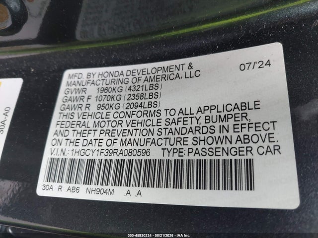 Продажа на аукционе авто 2024 Honda Accord Ex, vin: 1HGCY1F39RA080596, номер лота: 45930234