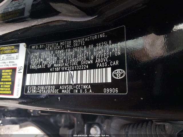 Aukcja sprzedaży 2012 Toyota Camry Le, vin: 4T1BF1FK2CU132224, numer aukcji: 45930236
