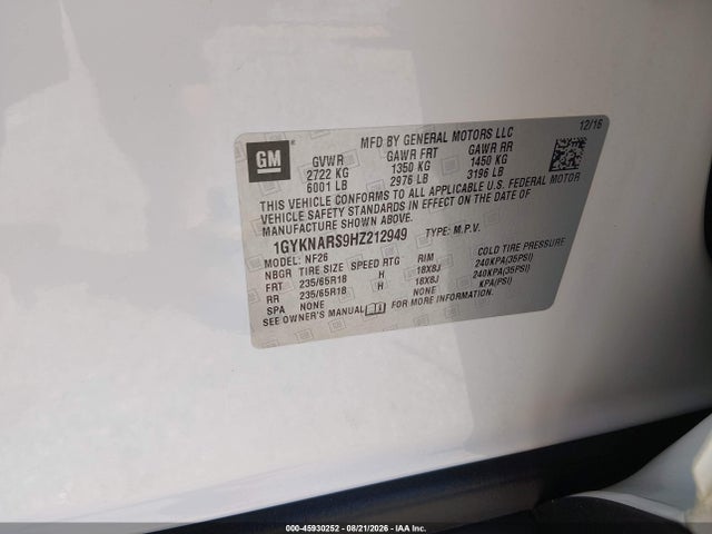 Aukcja sprzedaży 2017 Cadillac Xt5 Standard, vin: 1GYKNARS9HZ212949, numer aukcji: 45930252
