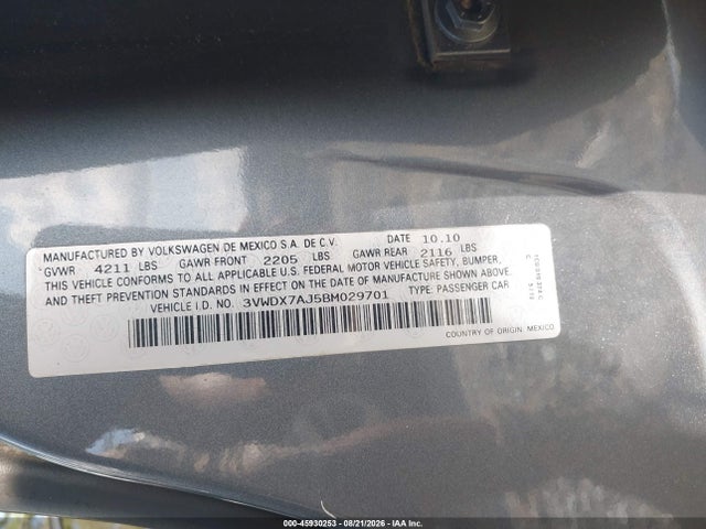 2011 Volkswagen Jetta 2.5l Se მანქანა იყიდება აუქციონზე, vin: 3VWDX7AJ5BM029701, აუქციონის ნომერი: 45930253