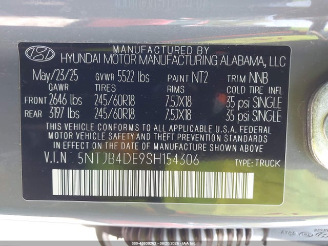 2025 Hyundai Santa Cruz Sel მანქანა იყიდება აუქციონზე, vin: 5NTJB4DE9SH154306, აუქციონის ნომერი: 45930262