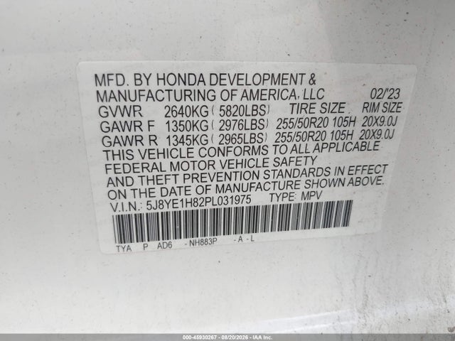 45930267 :رقم المزاد ، 5J8YE1H82PL031975 vin ، 2023 Acura Mdx Advance Package مزاد بيع