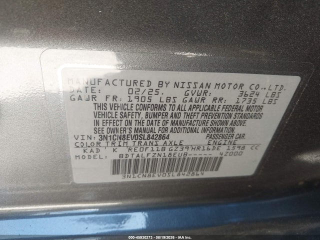 Продажа на аукционе авто 2025 Nissan Versa 1.6 Sv, vin: 3N1CN8EV0SL842864, номер лота: 45930273