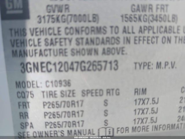 45930284 :رقم المزاد ، 3GNEC12047G265713 vin ، 2007 Chevrolet Avalanche 1500 Ls مزاد بيع