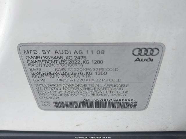 Продажа на аукционе авто 2009 Audi Q5 3.2 Premium, vin: WA1KK78R79A009665, номер лота: 45930287
