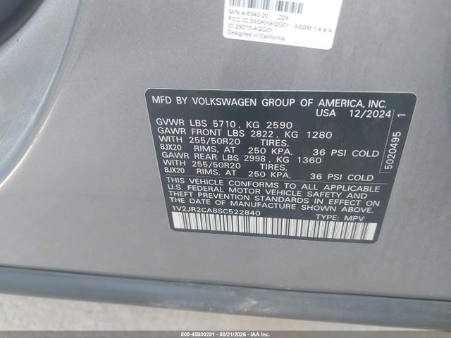 45930291 :رقم المزاد ، 1V2JR2CA8SC522840 vin ، 2025 Volkswagen Atlas 2.0t Se W/technology مزاد بيع