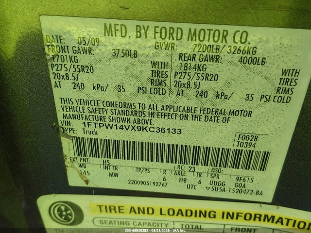 45930292 :رقم المزاد ، 1FTPW14VX9KC36133 vin ، 2009 Ford F-150 Fx4/king Ranch/lariat/platinum/xl/xlt مزاد بيع