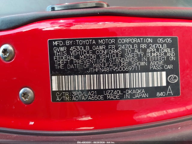 Продажа на аукционе авто 2005 Lexus Sc 430, vin: JTHFN48Y950069711, номер лота: 45930301