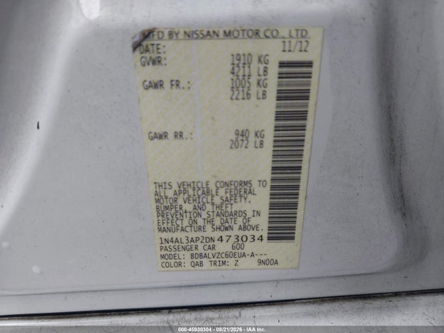 Продажа на аукционе авто 2013 Nissan Altima 2.5 Sl, vin: 1N4AL3AP2DN473034, номер лота: 45930304