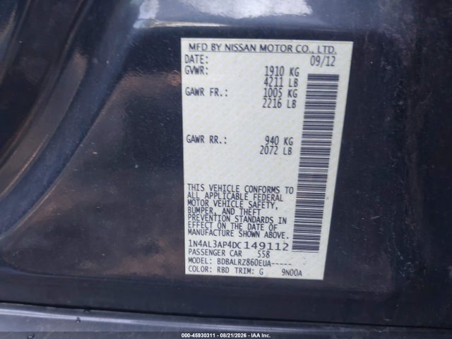 2013 Nissan Altima 2.5 S მანქანა იყიდება აუქციონზე, vin: 1N4AL3AP4DC149112, აუქციონის ნომერი: 45930311