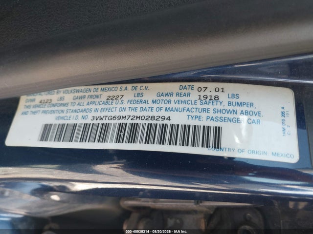 45930314 :رقم المزاد ، 3VWTG69M72M028294 vin ، 2002 Volkswagen Jetta Glx/glx 24v مزاد بيع