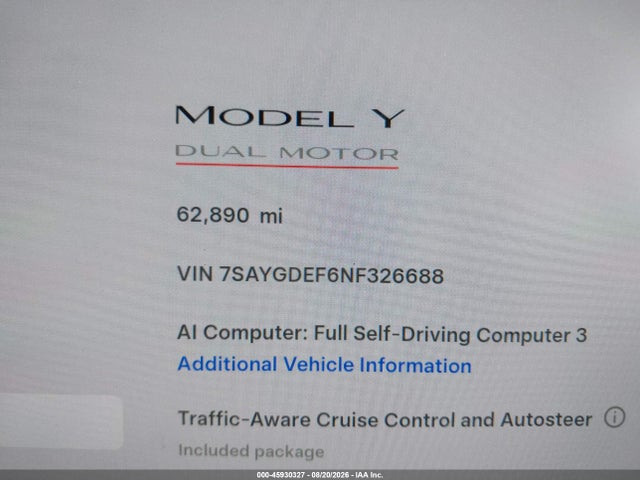 2022 Tesla Model Y Performance Dual Motor All-wheel Drive მანქანა იყიდება აუქციონზე, vin: 7SAYGDEF6NF326688, აუქციონის ნომერი: 45930327